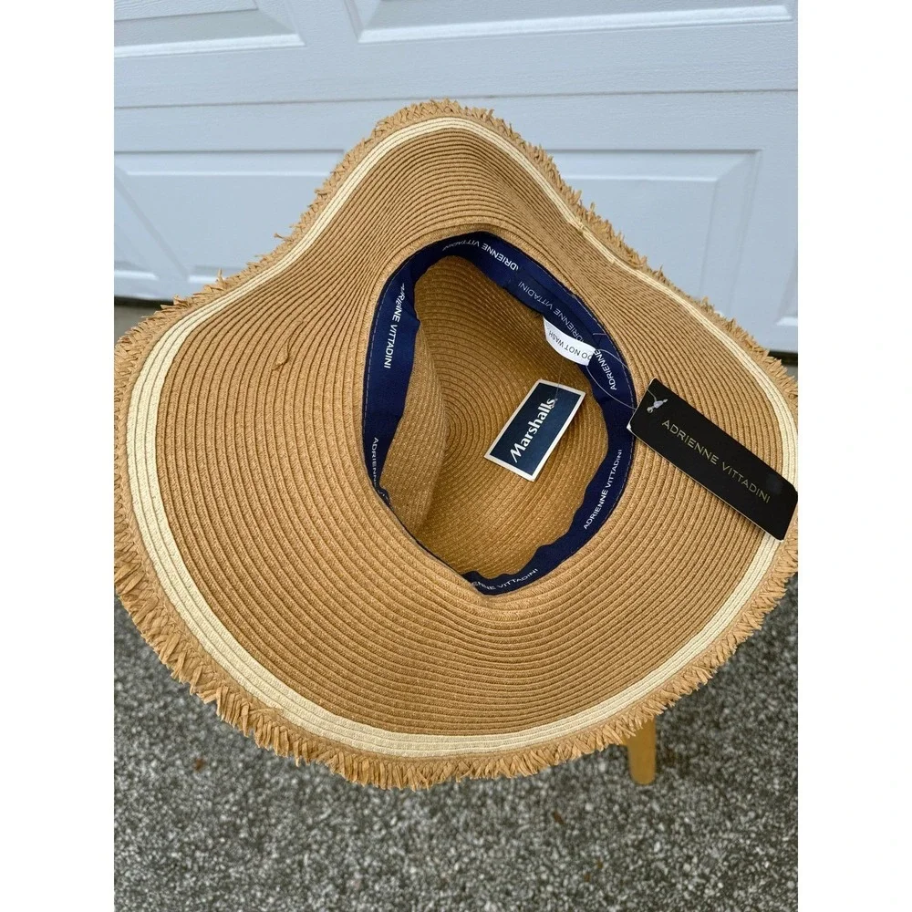 Adrienne Vittadini Straw Sun Hat Tan Wide Brim Cowrie Shell Frayed Edge NEW